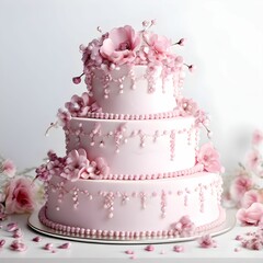 Pink Wedding Cake with Gemstone Accents, Wedding cake design with flowers. pink wedding cake adorned with delicate flowers. Pink color Luxurious Wedding Cake Design nice background
