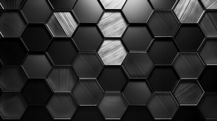 Geometric background with hexagonal shaped elements. Wallpaper with metallic hexagons in black, gray and silver. Abstract technology background. Flat lay.