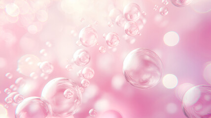 Abstract pink background with soap bubbles closeup and bokeh.