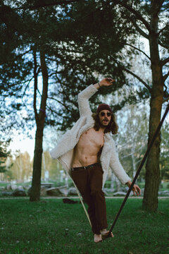 Young man practicing on a slackline