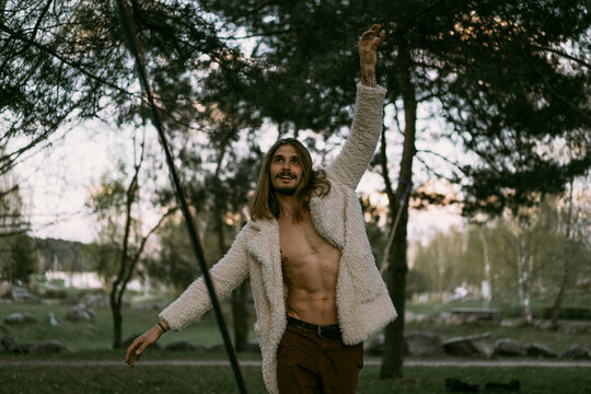 Young man practicing on a slackline