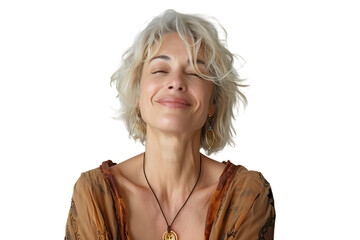 Happy blond haired mid aged woman standing on isolated transparent background
