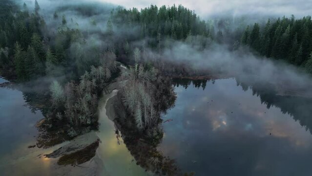 Aerial view of Secluded Scenic Lake and Foggy Trees at Sunrise. Summer Season. Port Renfrew, Vancouver Island, BC, Canada.