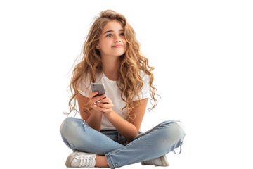 Happy young girl sitting on the floor, holding smartphone in hands and looking away, on isolated transparent background