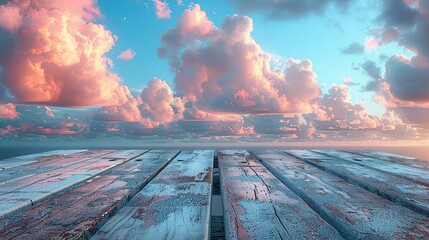 wooden terrace with beautiful view blue sky and pink cloud, copy space for display of product or object presentation and advertisement concept - Powered by Adobe