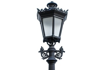Classic black streetlight against a clear white background, symbolizing urban design and public lighting
