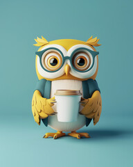 3D rendering of a cute owl character wearing glasses and holding a coffee cup, with a simple background and a blue and yellow color scheme. Product promotion