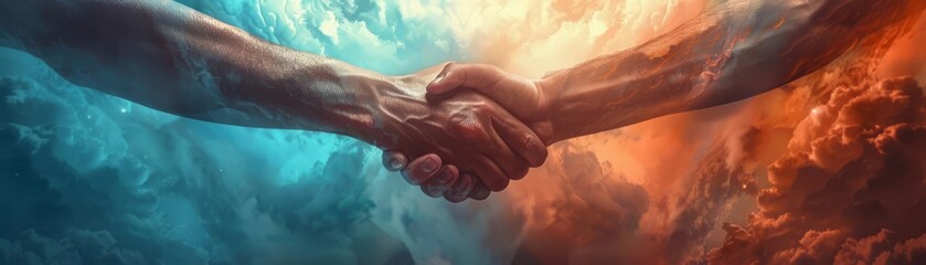 A powerful handshake between two strong individuals. The background is a swirling blue and orange nebula, representing the power and energy of the handshake.