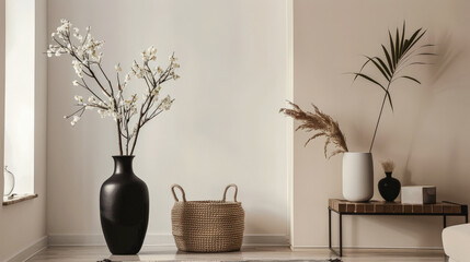 Chic minimalist interiors with elegant furniture and natural window lighting. Interior design composition with minimal furniture.