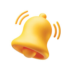Yellow notification bell ringing icon 3d realistic on white. Golden notification bell for social media notice event reminder, website and app element three-dimensional rendering vector illustration