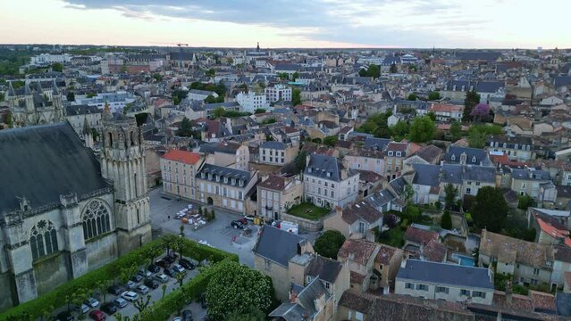 Cathedral of Saint Peter or Pierre in Poitiers city, France. Aerial forward