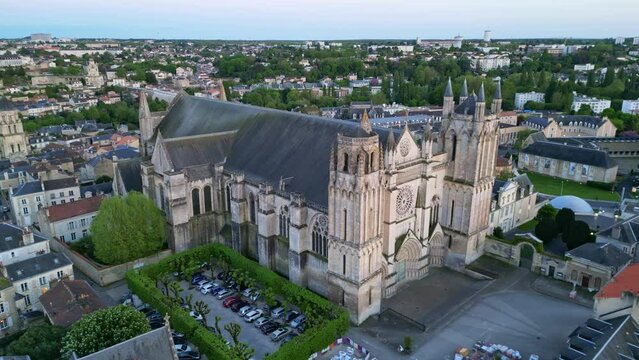 Cathedral of Saint Peter or Pierre in Poitiers city, France. Aerial drone sideways