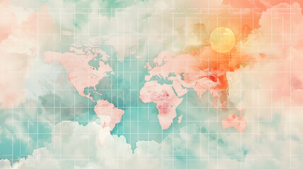 Watercolor World Map with Cloud Textures on Gridded Background