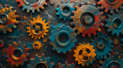 A colorful image of gears with different colors and sizes