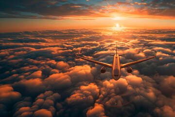 Passenger airplane in full flight above the clouds.