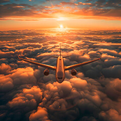 Passenger airplane in full flight above the clouds.