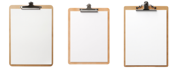 Blank white paper on a clipboard with a metal clip.