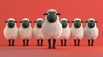 A group of cartoon sheep standing in front, with a simple style and red background. Web banner with empty space for text