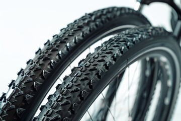 close up view of two bicycle tyres, studio shot isolated on white background