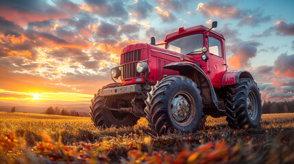 Fototapeta premium Countryside Farming with a Striking Red Tractor 