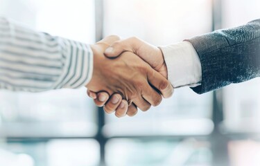 Close up image of businessmen shake hands for deal, modern glass building as background
