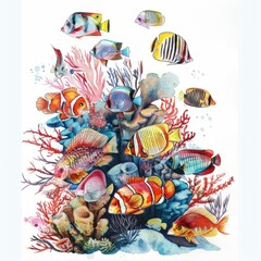Watercolor painting of a colorful school of tropical fish darting among coral formations, on isolated white background, Generative AI