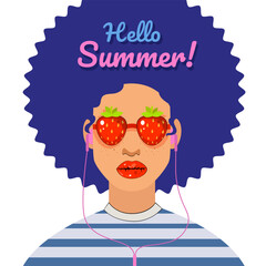 Vector poster hello summer with girl in headphones and strawberry glasses