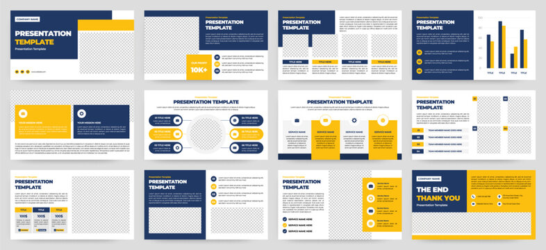 Modern Yellow and Navy Startup Pitch Deck and Campaign Deck Presentation Template with Infographics. Creative educational presentation template with infographic slides and minimal pastel design.