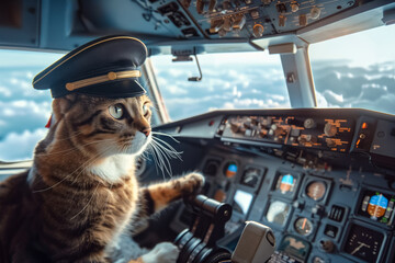 A tabby cat dressed as an airline pilot controls the cockpit of a plane, soaring high above the...