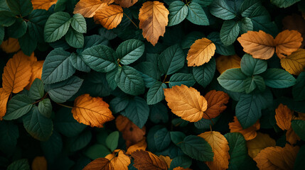 A close up of leaves with some green leaves and some yellow leaves - Powered by Adobe