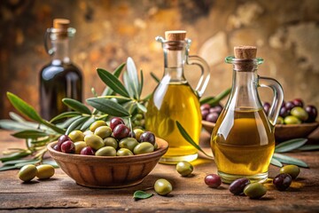 Olive oil in a beautiful bottle with fresh olives and flowering olive branches on a beige background.