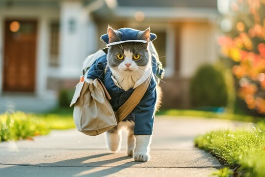 Gray and white cat dressed as a postman with a bag walking on a sidewalk.