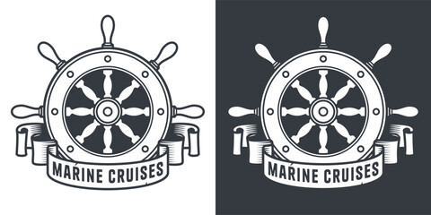 Graphic nautical emblem featuring a ship wheel or sea helm for marine ocean designs and sea adventure branding