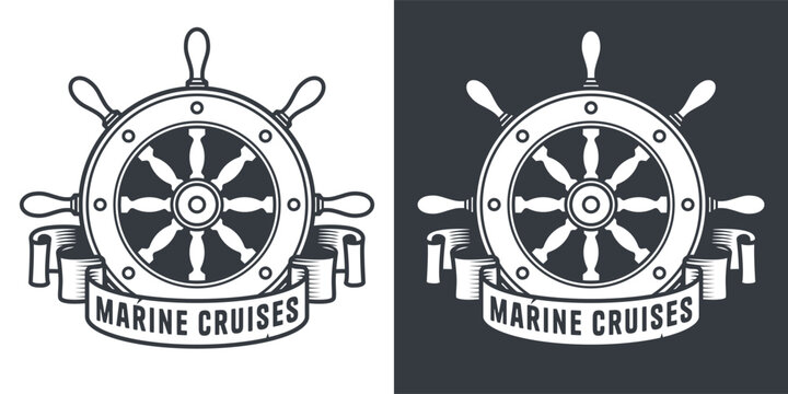 Graphic nautical emblem featuring a ship wheel or sea helm for marine ocean designs and sea adventure branding
