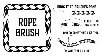 Nautical rope brush for graphic design, featuring instructions on dragging it into the brushes panel and applying it to swatches for creative projects