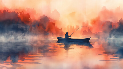 A man is fishing in a boat on a lake