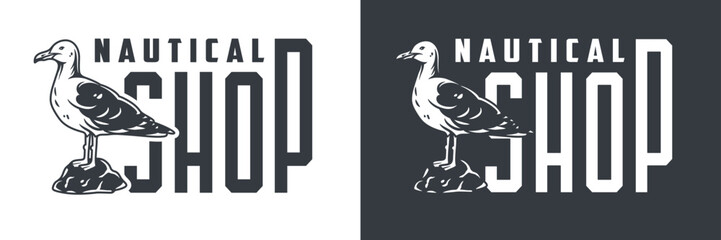 Monochromatic logo featuring a stylized seagull, representing a nautical shop for marine-themed businesses, showcasing a strong oceanic identity in a modern graphic style
