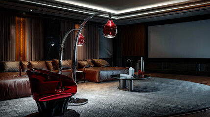 A stylish floor lamp with ruby red glass and nickel framework in a private cinema room.