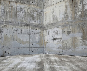 Plain gray concrete wall with floor junction, shadowed corners, suitable for mural paintings or graffiti art demonstrations