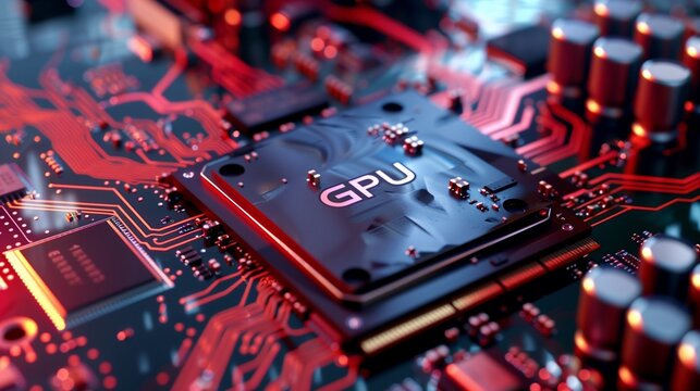 A close-up view of a high-performance GPU (Graphics Processing Unit) chip with intricate circuitry on a green motherboard, showcasing technology used for gaming and computing.