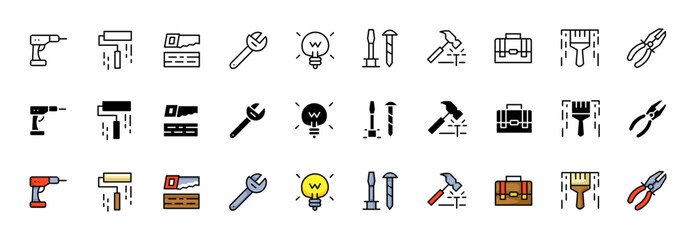 Tools icons collection. Linear, silhouette and flat style. Vector icons