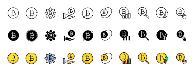 Bitcoin icons collection. Cryptocurrency design. Linear, silhouette and flat style. Vector icons