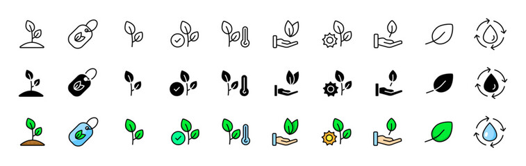 Plants icons collection. Linear, silhouette and flat style. Vector icons