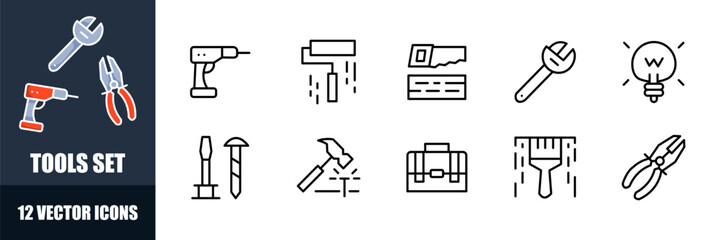 Tools icons set. Repair tools. Linear style. Vector icons