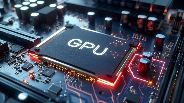 A close-up view of a high-performance GPU (Graphics Processing Unit) chip with intricate circuitry on a green motherboard, showcasing technology used for gaming and computing.