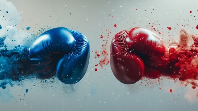 Two boxing gloves clashing in the center, with ample copyspace for adding text. Ideal for a fight night poster, showcasing the intense moment before a boxing match between opponents.