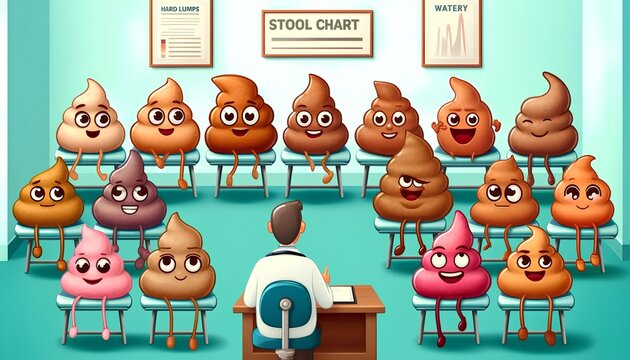 An informative Bristol stool chart concept illustrating the various types of human stool and their connection to gastrointestinal health issues, used as a diagnostic medical tool by professionals.