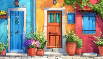 Vibrant Portrayal of Mediterranean Architecture with Colorful Doorways and Windows