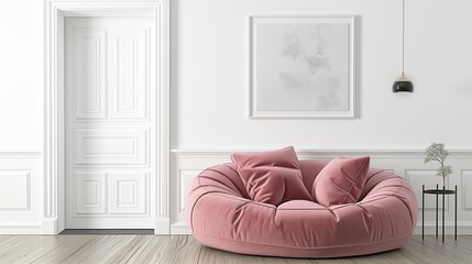 Frame mockup, cozy sofa next to room door, white blank wall,