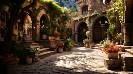 A cobblestone courtyard with potted plants.